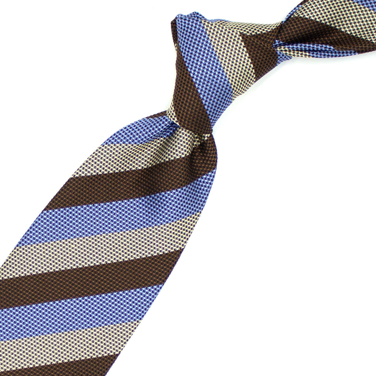 Cravatta a righe marroni, azzurre e beige