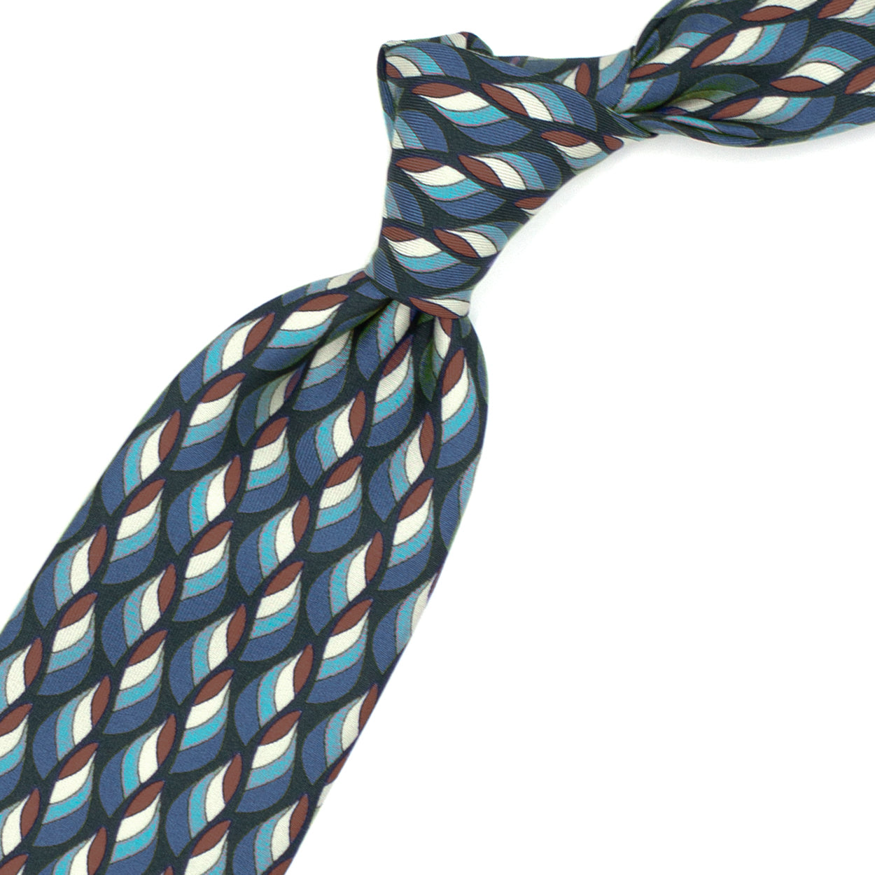 Cravatta blu con pattern astratto azzurro, crema e marrone