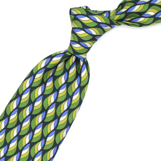Cravatta blu con pattern astratto giallo, verde, crema e azzurro