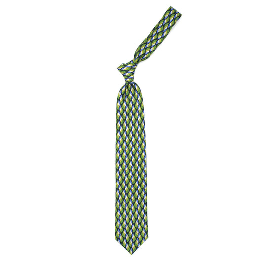 Cravatta blu con pattern astratto giallo, verde, crema e azzurro