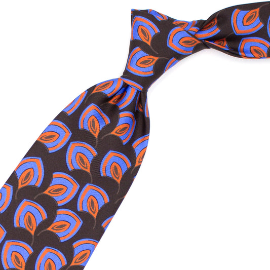 Cravatta marrone con pattern astratto azzurro e arancione