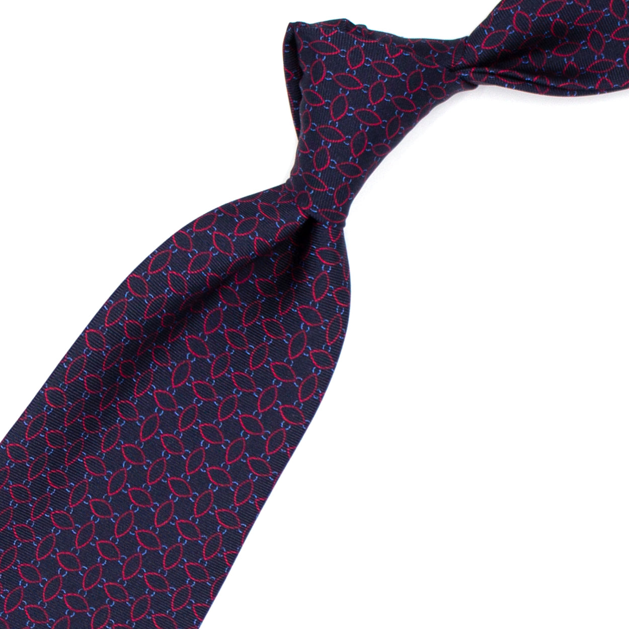 Cravatta blu con ovali rossi e cerchietti bluette
