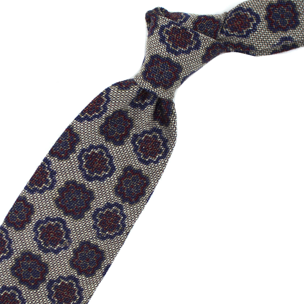 Cravatta beige con medaglioni blu e bordeaux
