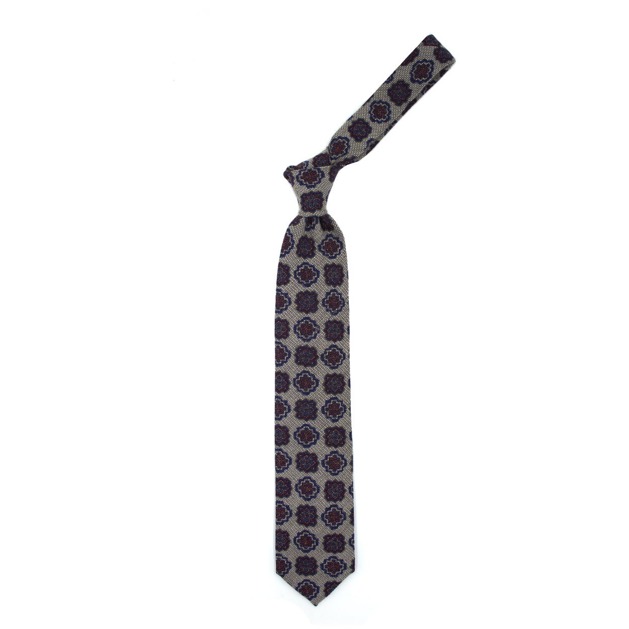 Cravatta beige con medaglioni blu e bordeaux