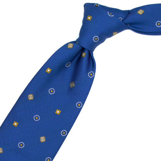 Cravatta azzurra con pattern geometrico giallo e bianco