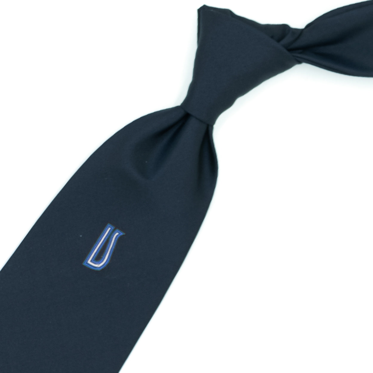 Cravatta blu con logo Ulturale in blu e bianco al sottonodo