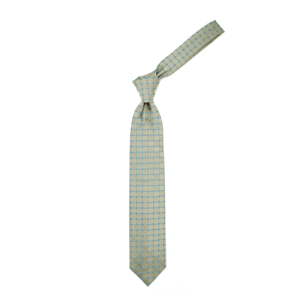Cravatta beige con fiori azzurri e quadratini blu