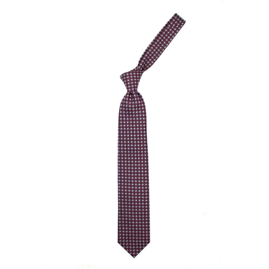 Cravatta bordeaux con cerchi grigi e pallini azzurri