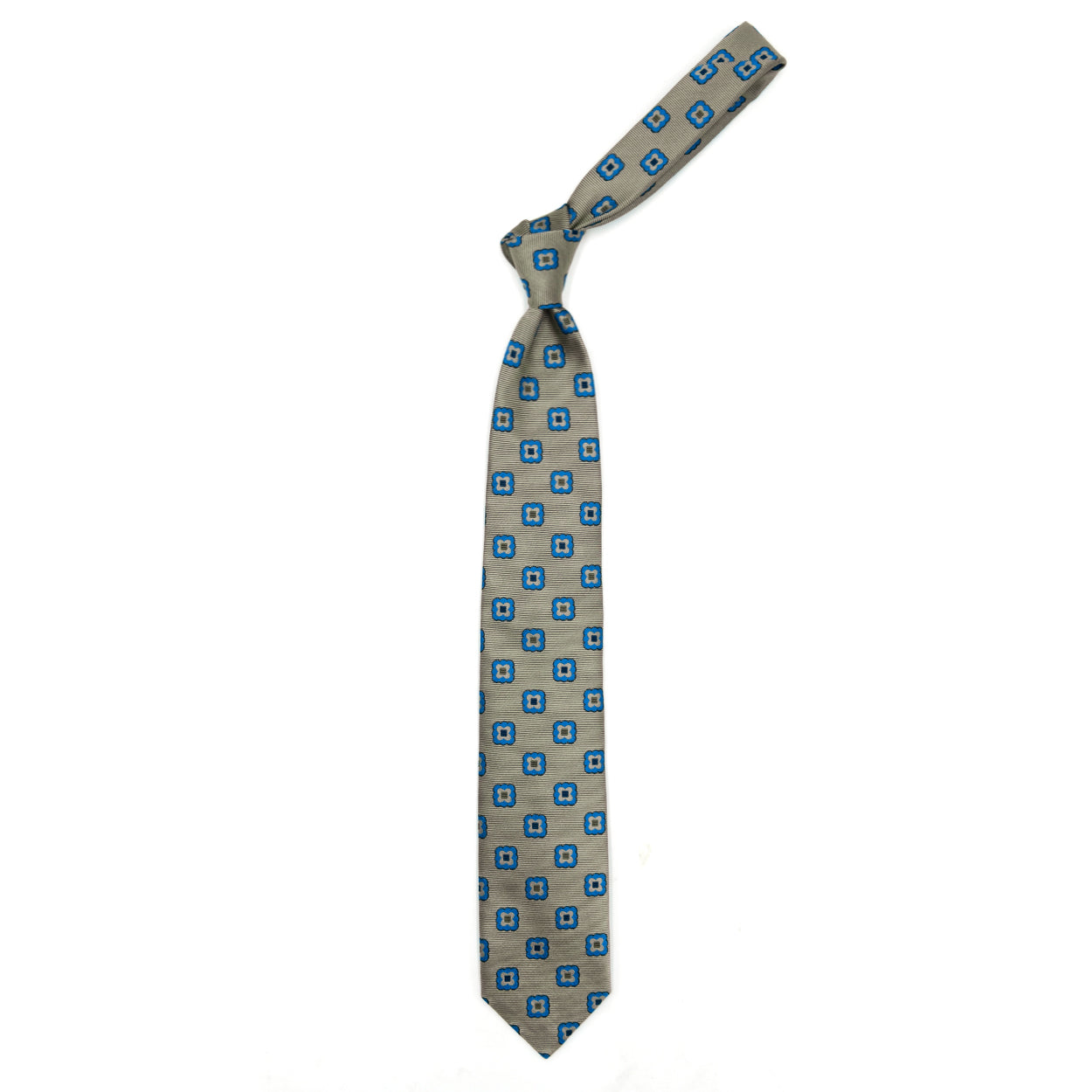 Cravatta beige con fiori bluette e quadrati marroni