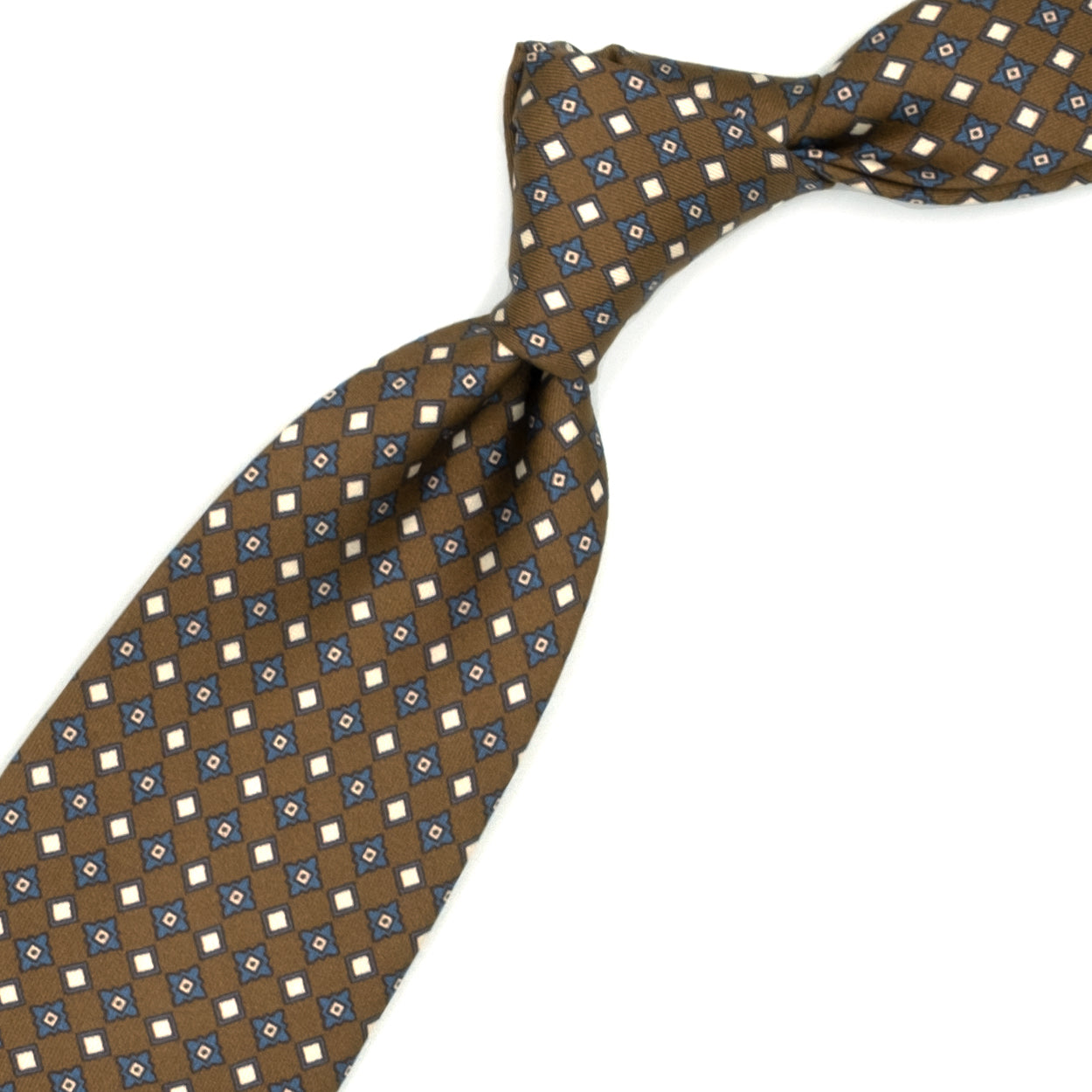 Cravatta marrone con fiori blu e quadrati crema