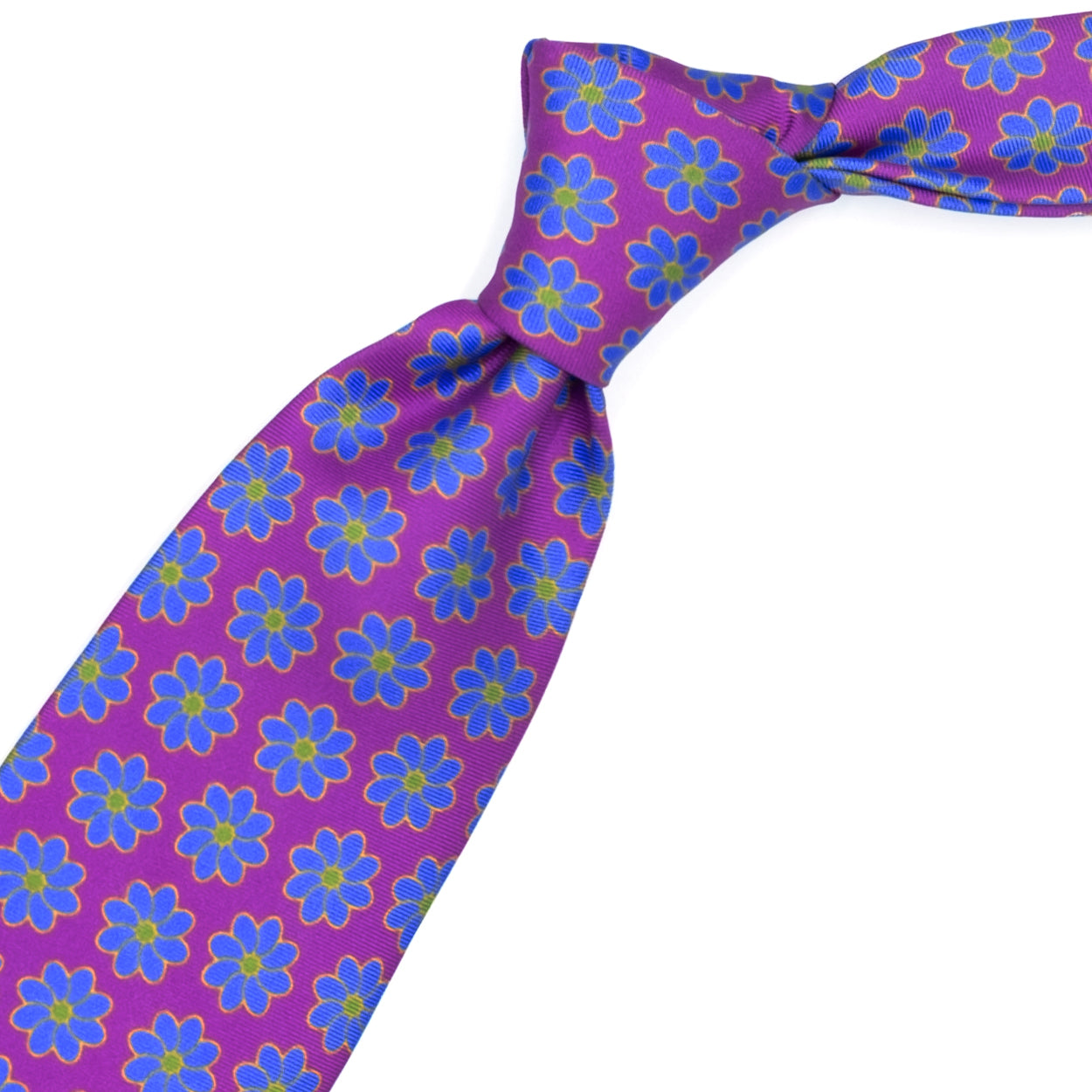 Cravatta fuxia con fiori azzurri e puntini verdi