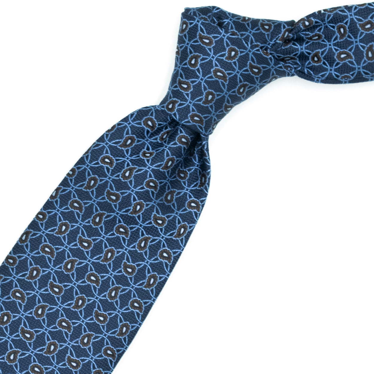 Cravatta blu con cerchi azzurri e paisley marroni