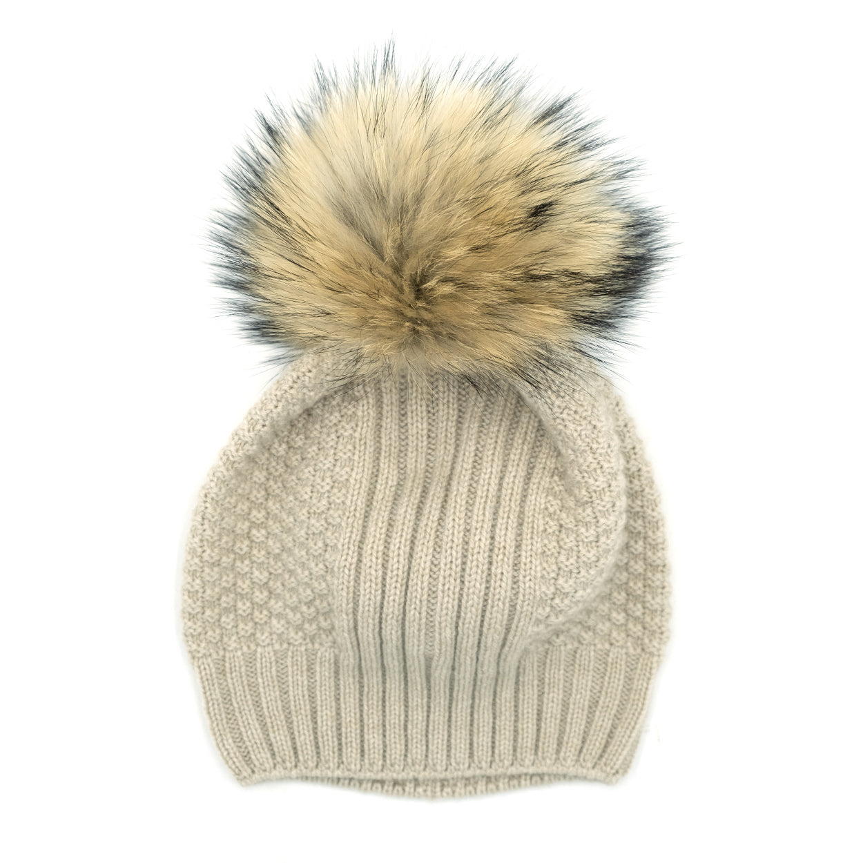 Cappellino donna beige 100% cashmere con pon-pon in volpe