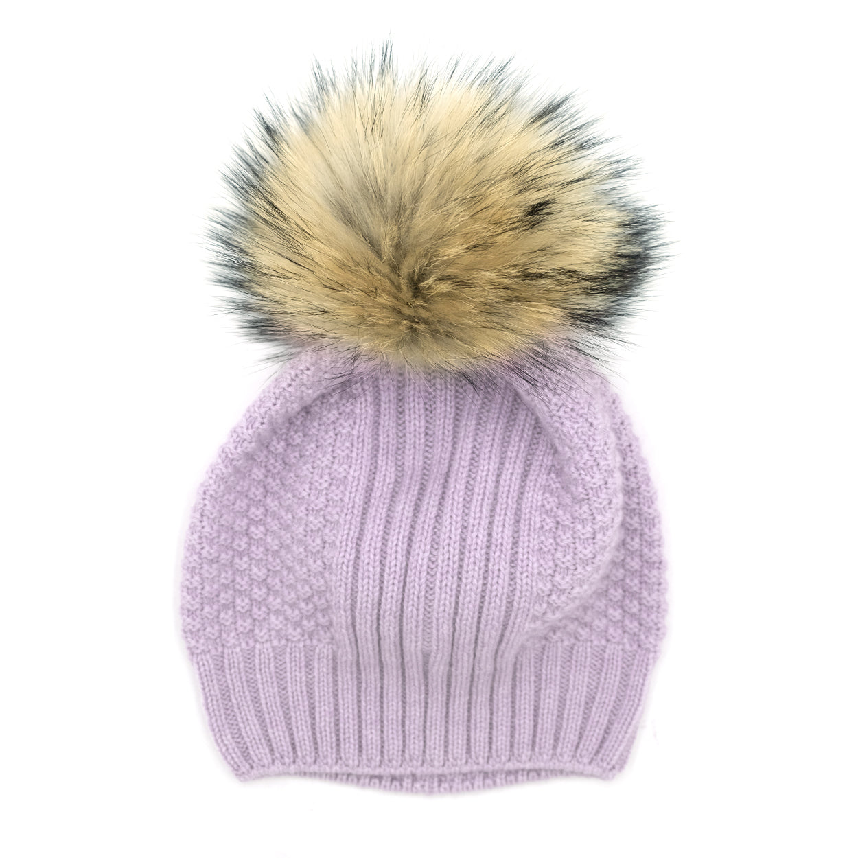 Cappellino donna lilla 100% cashmere con pon-pon in volpe