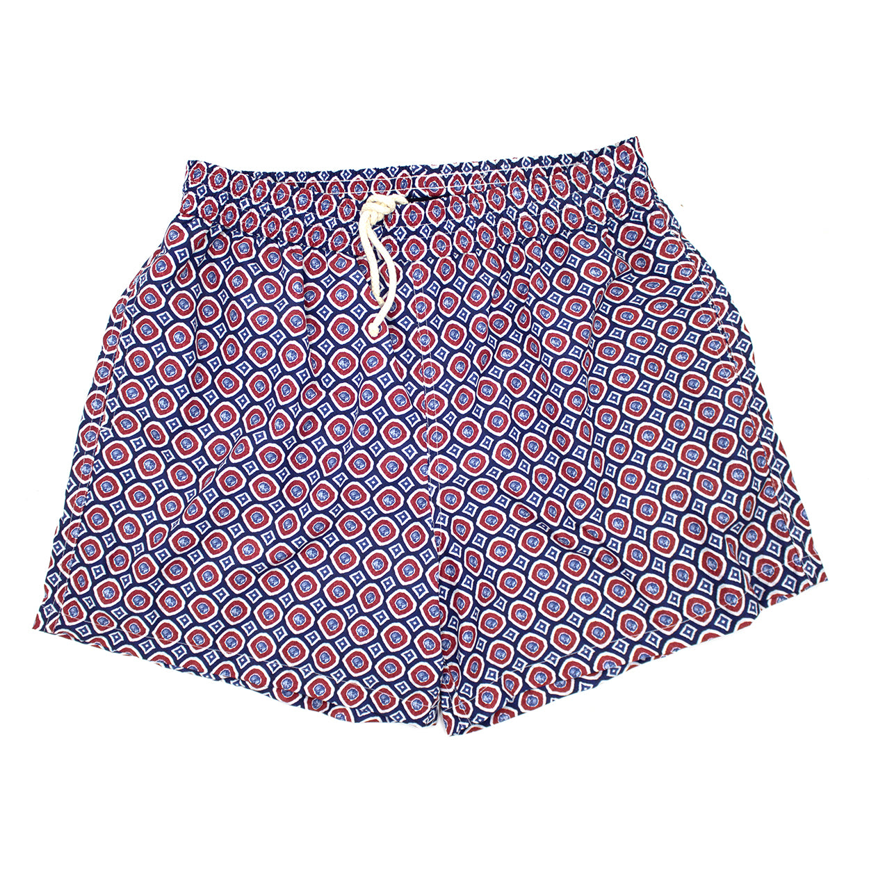 Costume con pattern geometrico rosso, blu e bianco