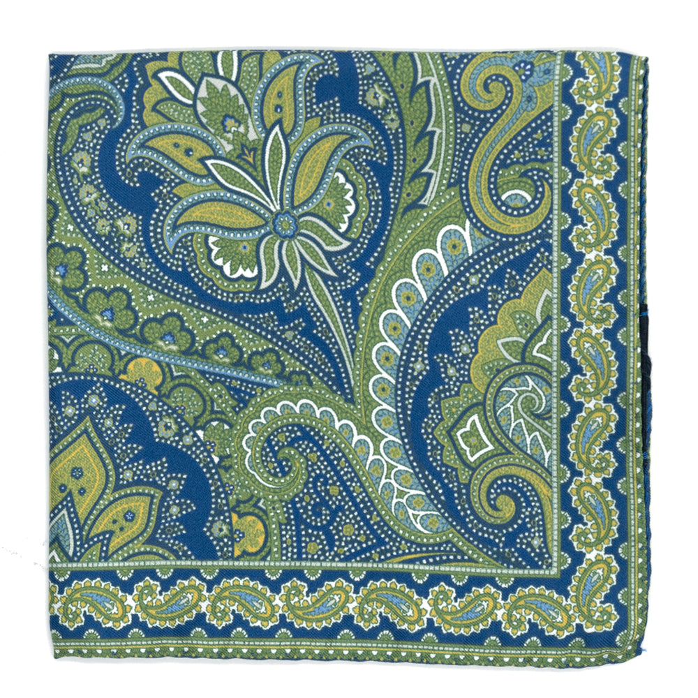 Pochette fondo blu con paisley verdi