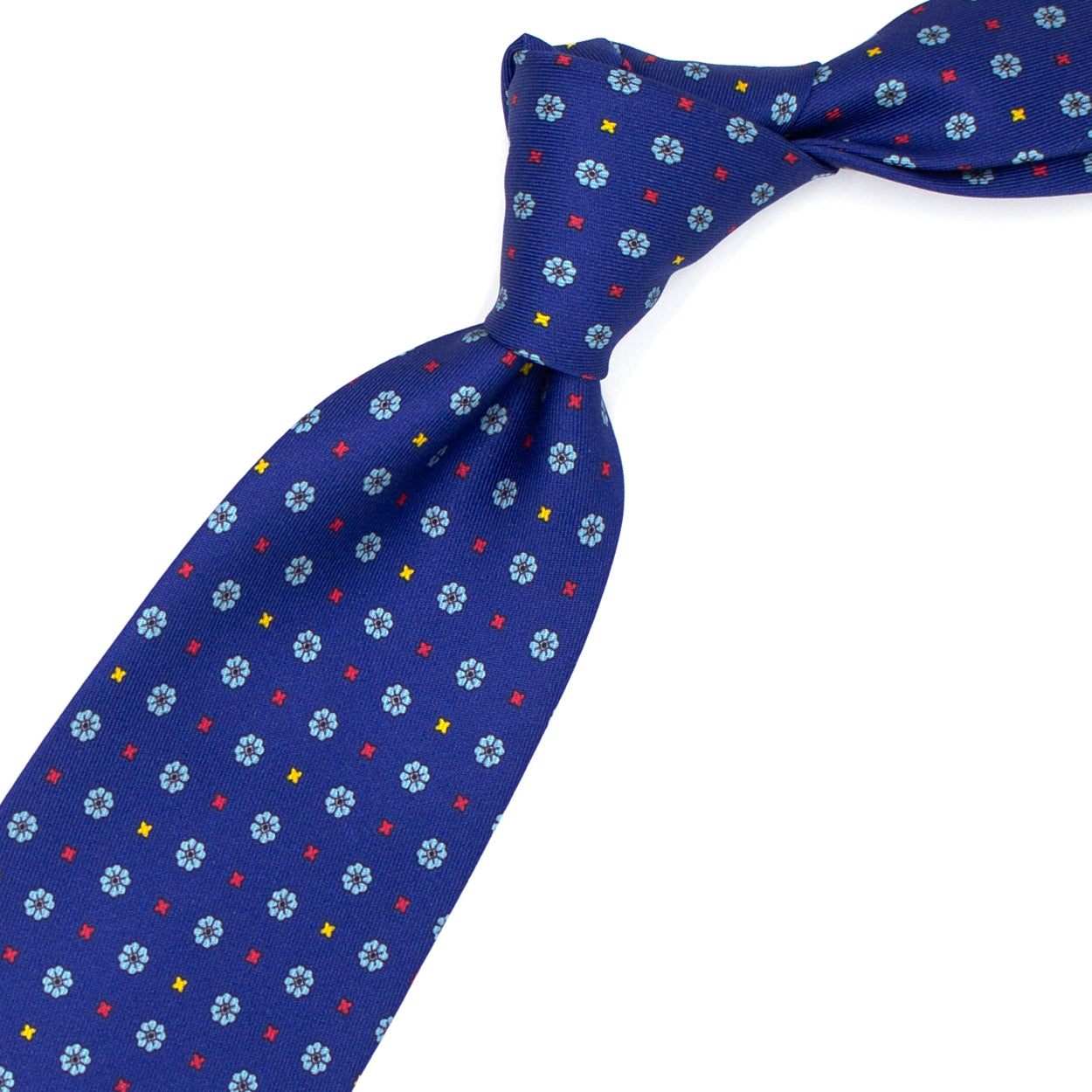 Cravatta blu con fiori azzurri e crocette rosse e gialle