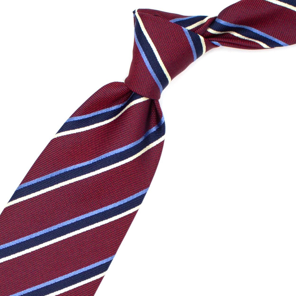 Cravatta bordeaux con righe azzurre, blu e beige