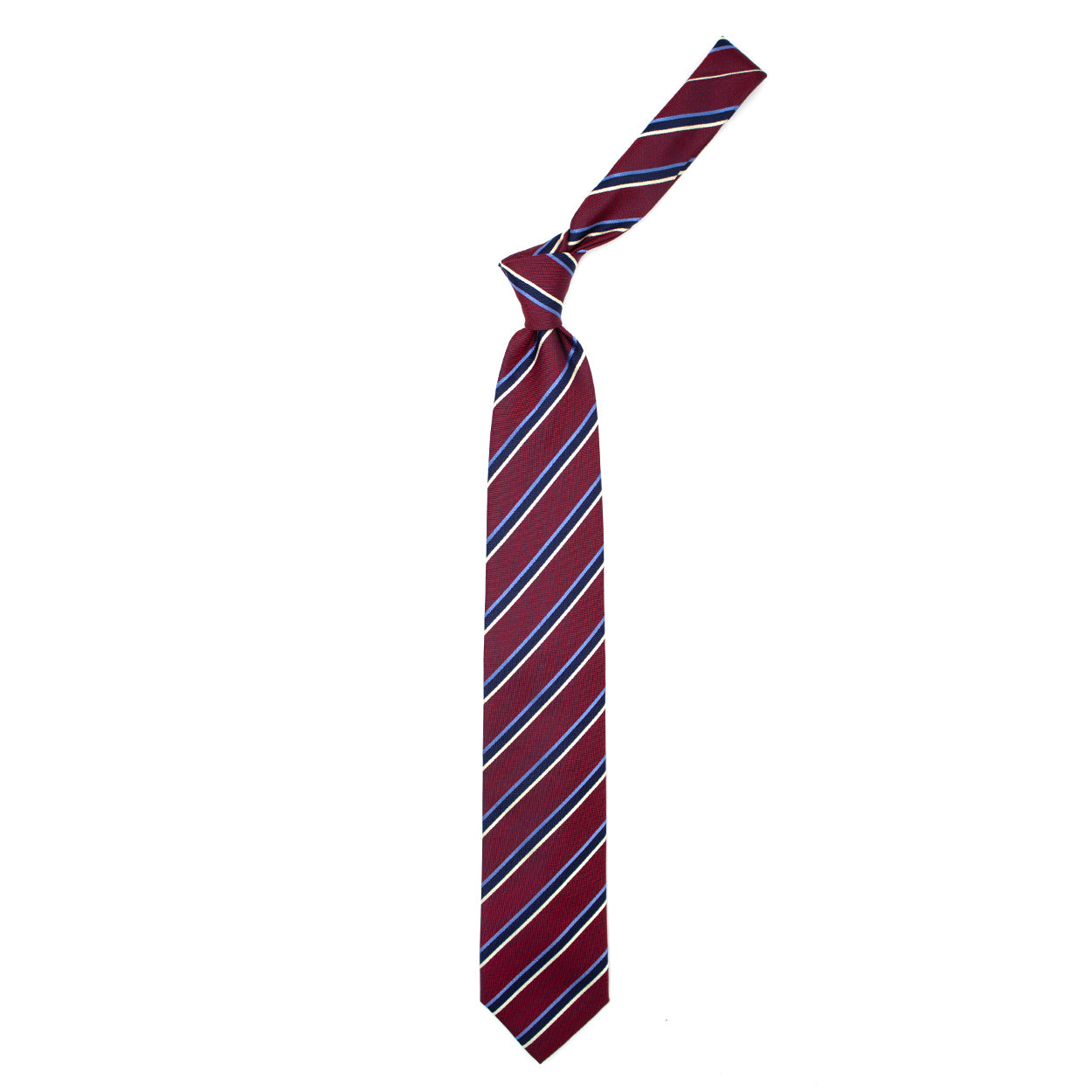 Cravatta bordeaux con righe azzurre, blu e beige
