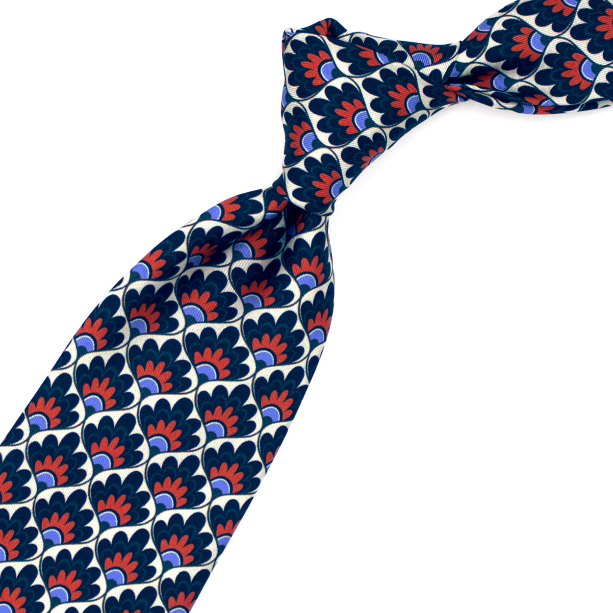 Cravatta con pattern a ventaglio floreale blu, rosso e azzurro