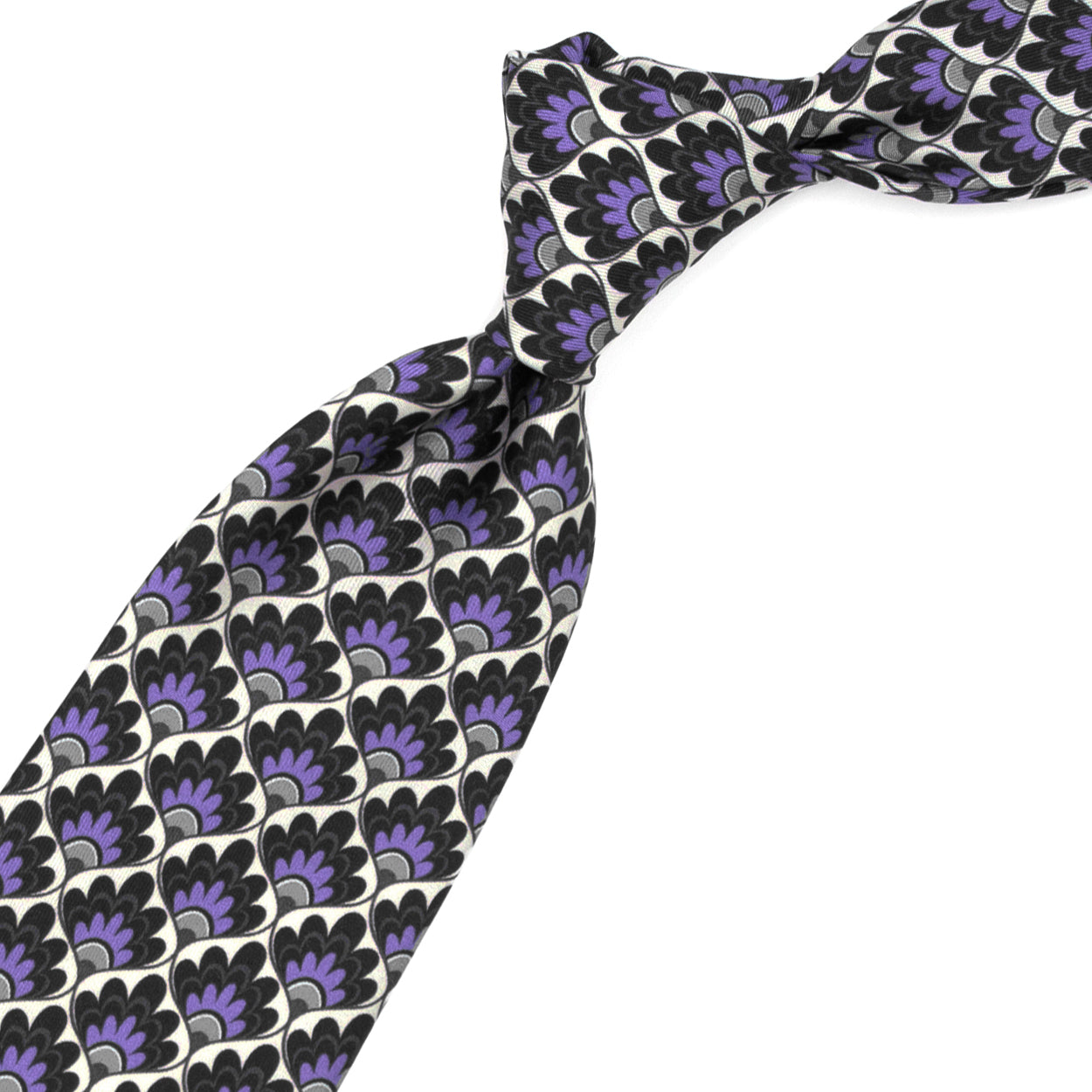 Cravatta con pattern a ventaglio floreale viola, grigio e nero
