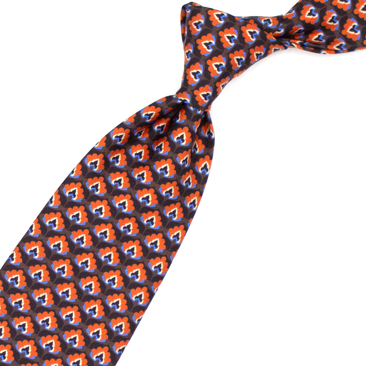 Cravatta marrone con pattern arancione, blu e azzurro