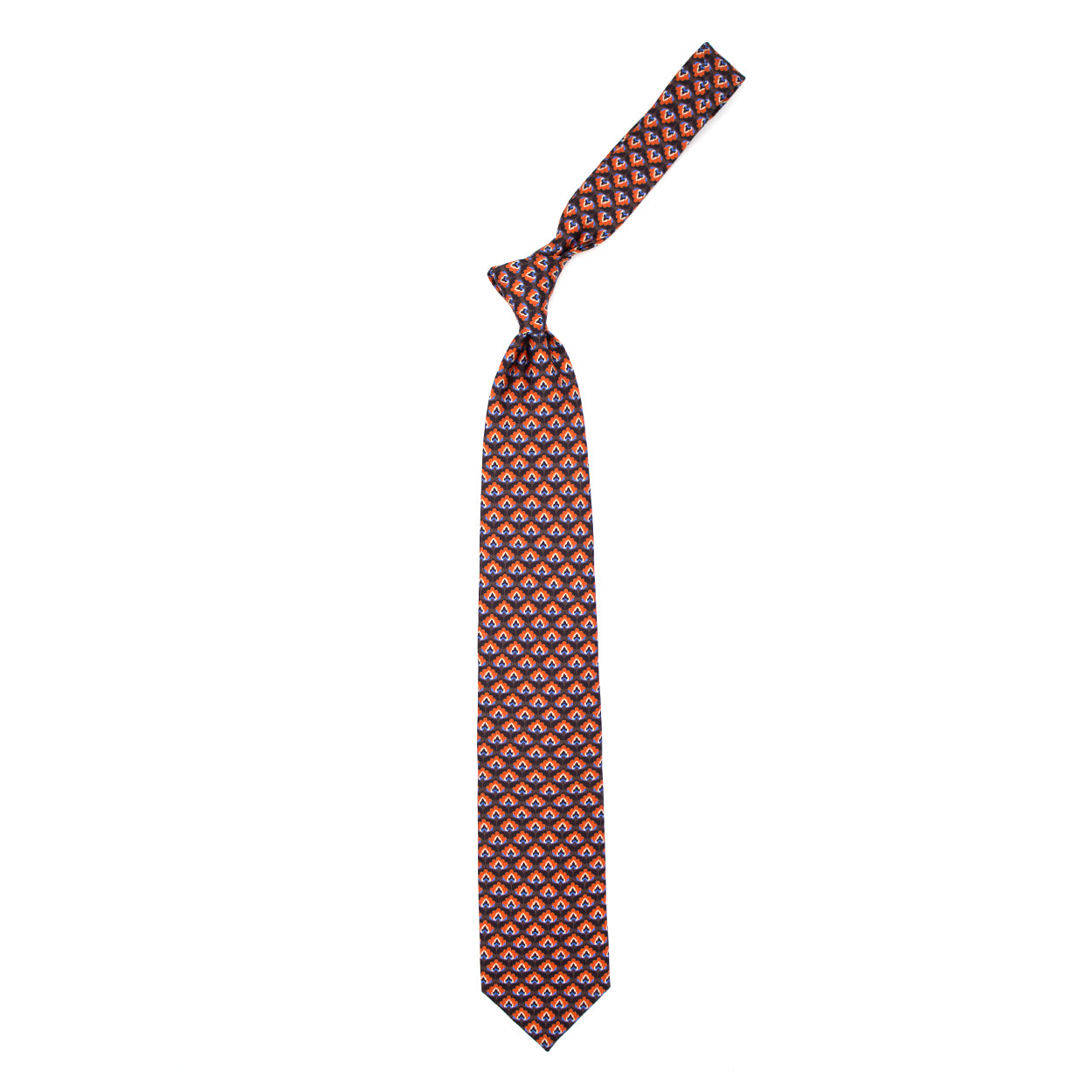 Cravatta marrone con pattern arancione, blu e azzurro