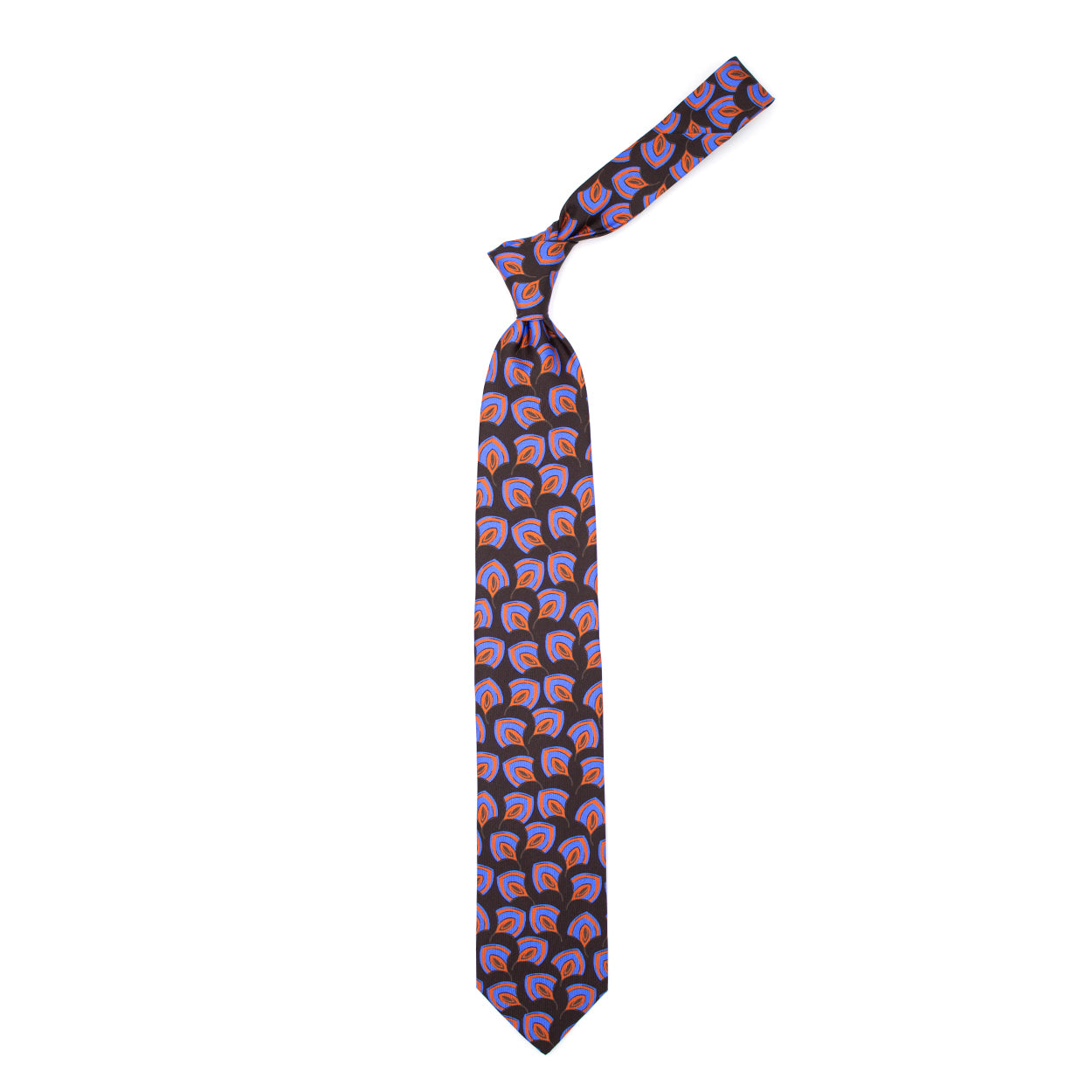 Cravatta marrone con pattern astratto azzurro e arancione