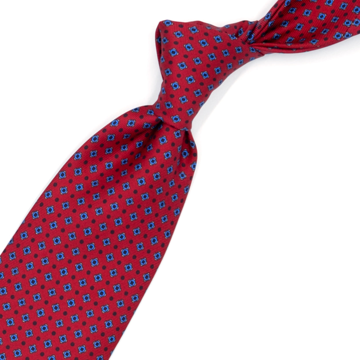 Cravatta rosso scuro con fiorellini azzurri e pois blu