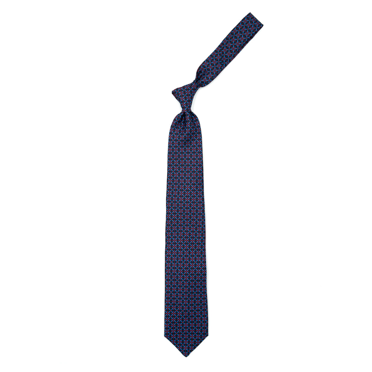 Cravatta blu con pattern geometrico azzurro e rosso