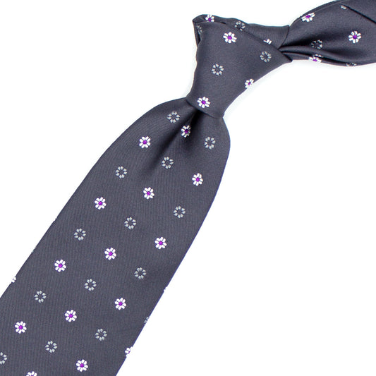 Cravatta grigia con fiorellini bianchi, grigi e viola