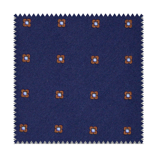 Tessuto blu con fiori marroni e azzurri