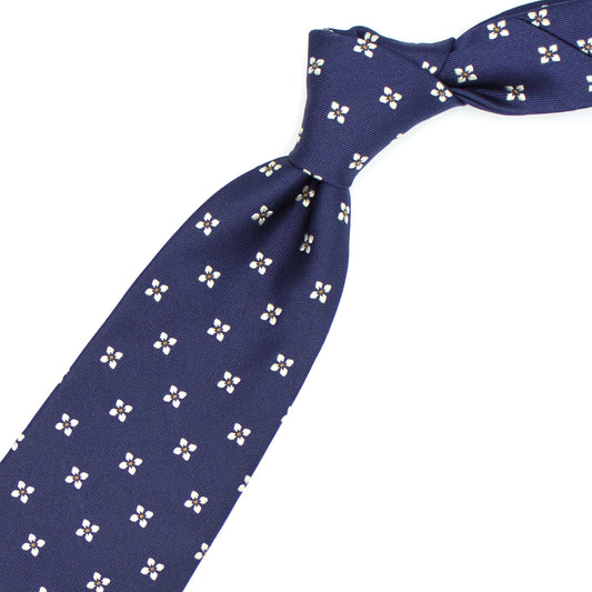 Cravatta blu con fiori bianchi e pallini marroni