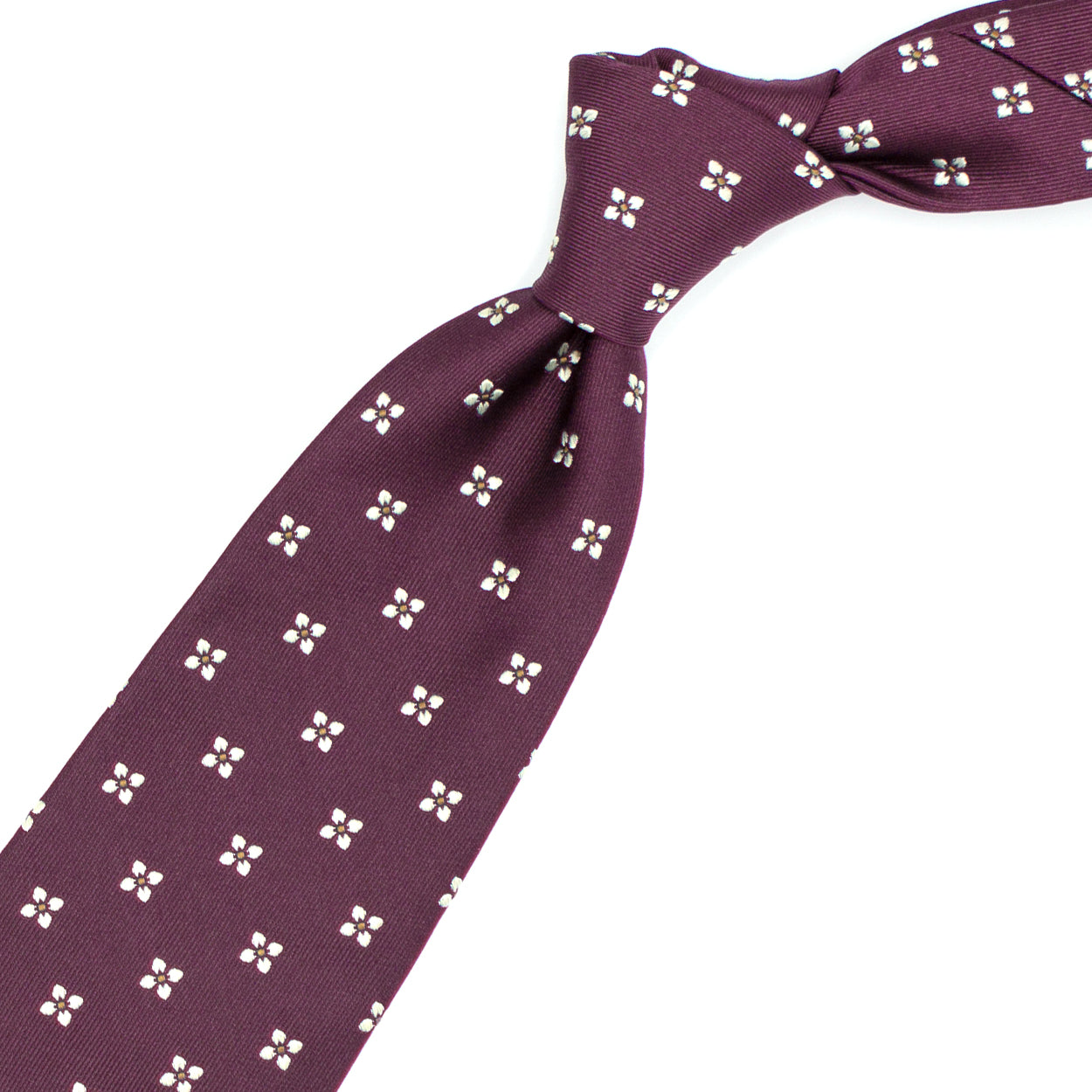 Cravatta bordeaux con fiori bianchi e quadratini gialli