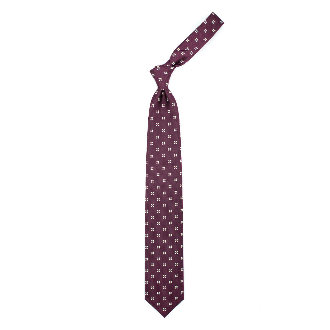 Cravatta bordeaux con fiori bianchi e quadratini gialli