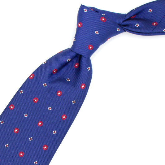 Cravatta blu con fiori e quadratini bianchi e rossi