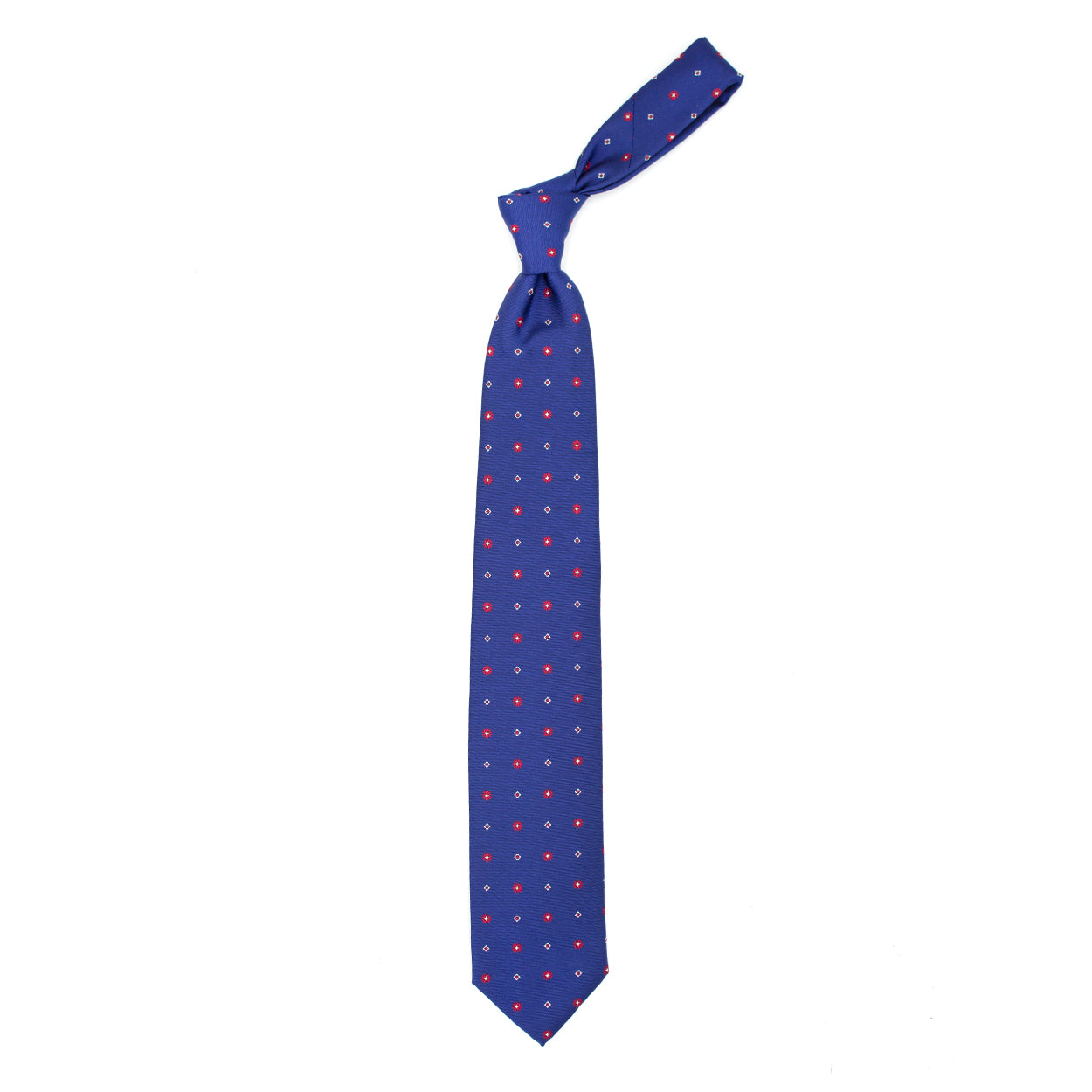 Cravatta blu con fiori e quadratini bianchi e rossi