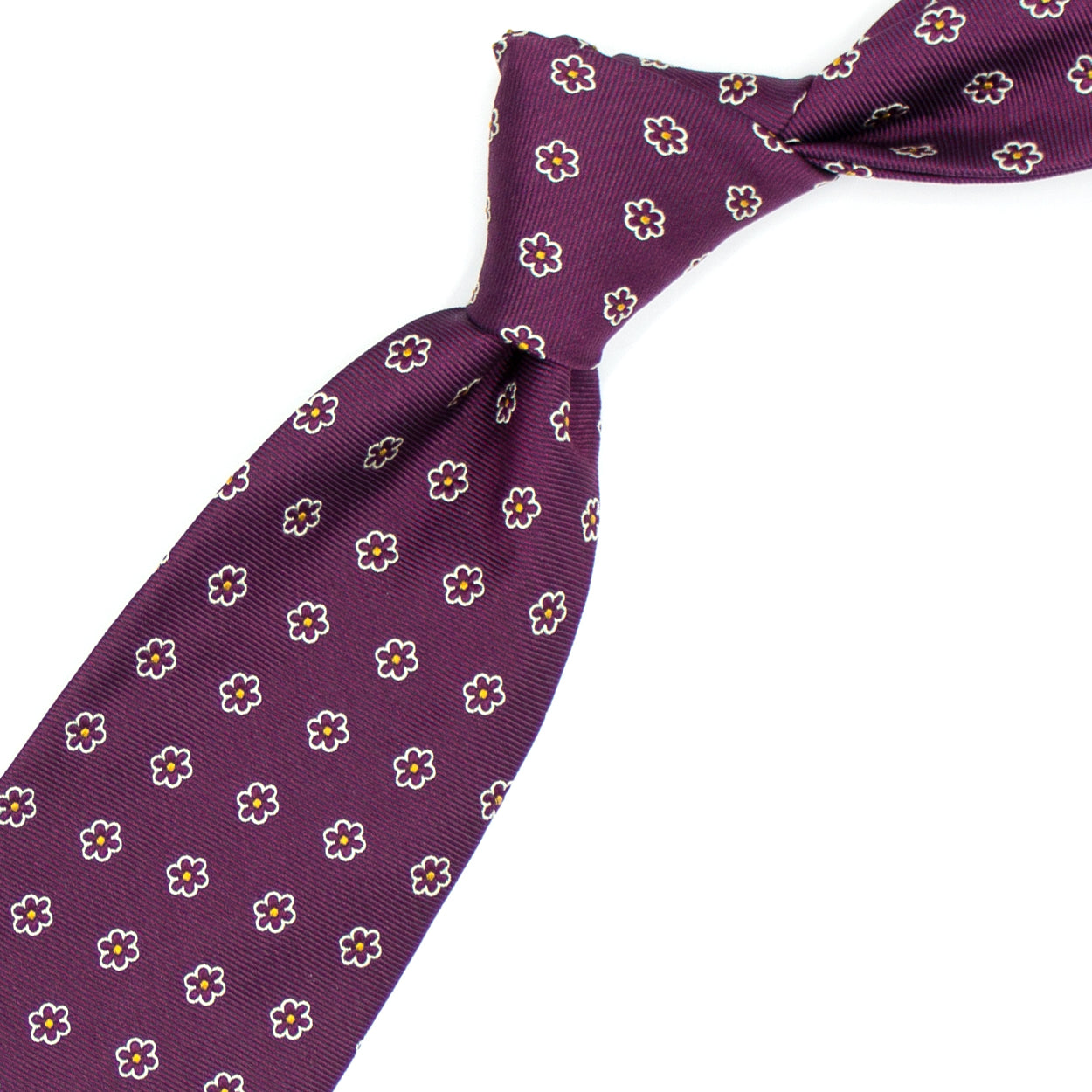 Cravatta bordeaux con fiori bordeaux e puntini gialli