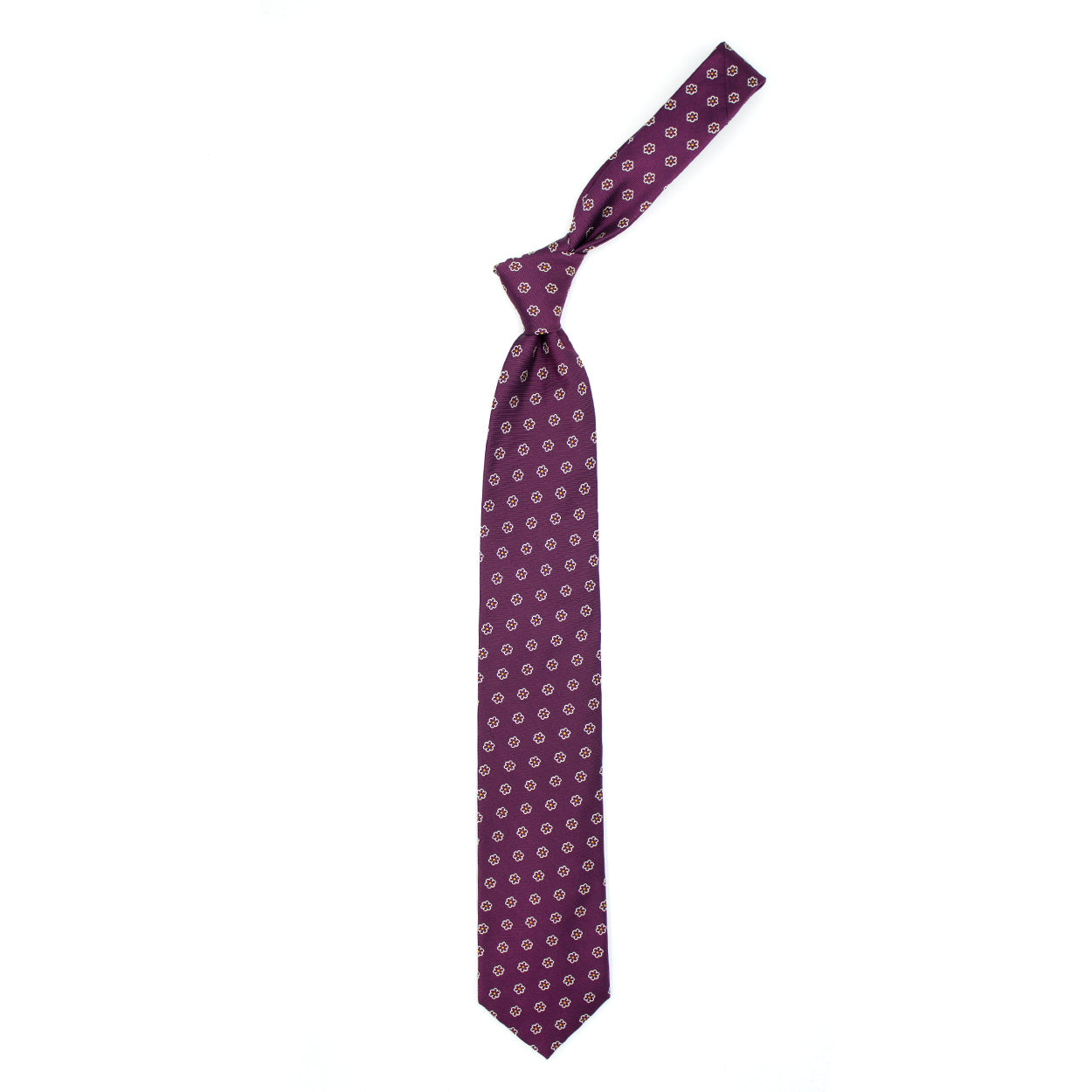 Cravatta bordeaux con fiori bordeaux e puntini gialli