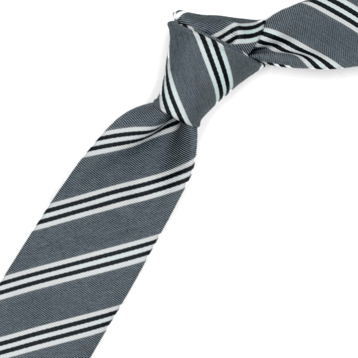 Cravatta grigia con righe bianche e blu