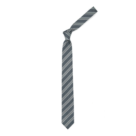 Cravatta grigia con righe bianche e blu
