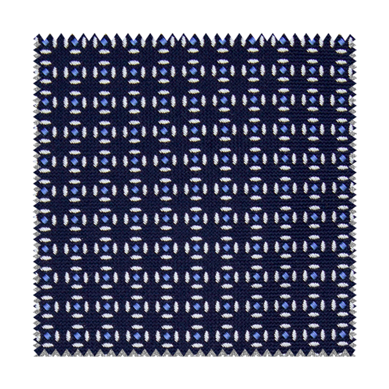 Tessuto blu con pattern geometrico bianco e azzurro