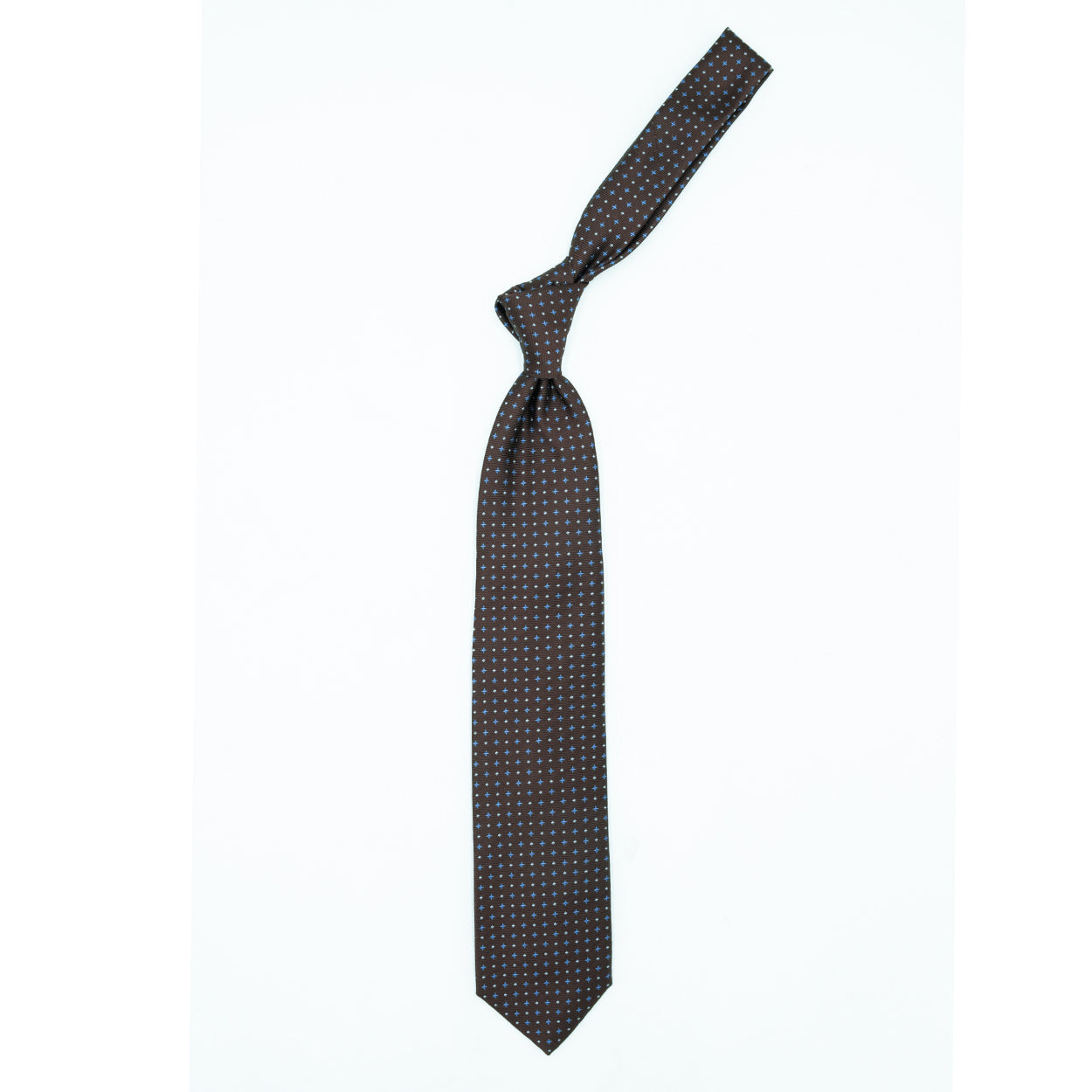 Cravatta marrone con crocette azzurre e puntini bianchi