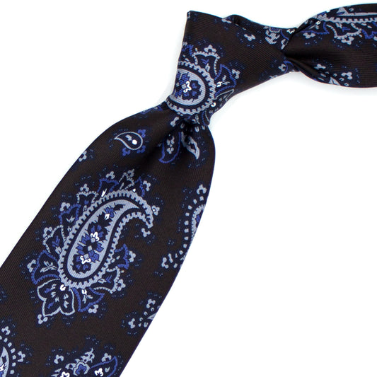 Cravatta marrone con paisley grigi, azzurri e neri