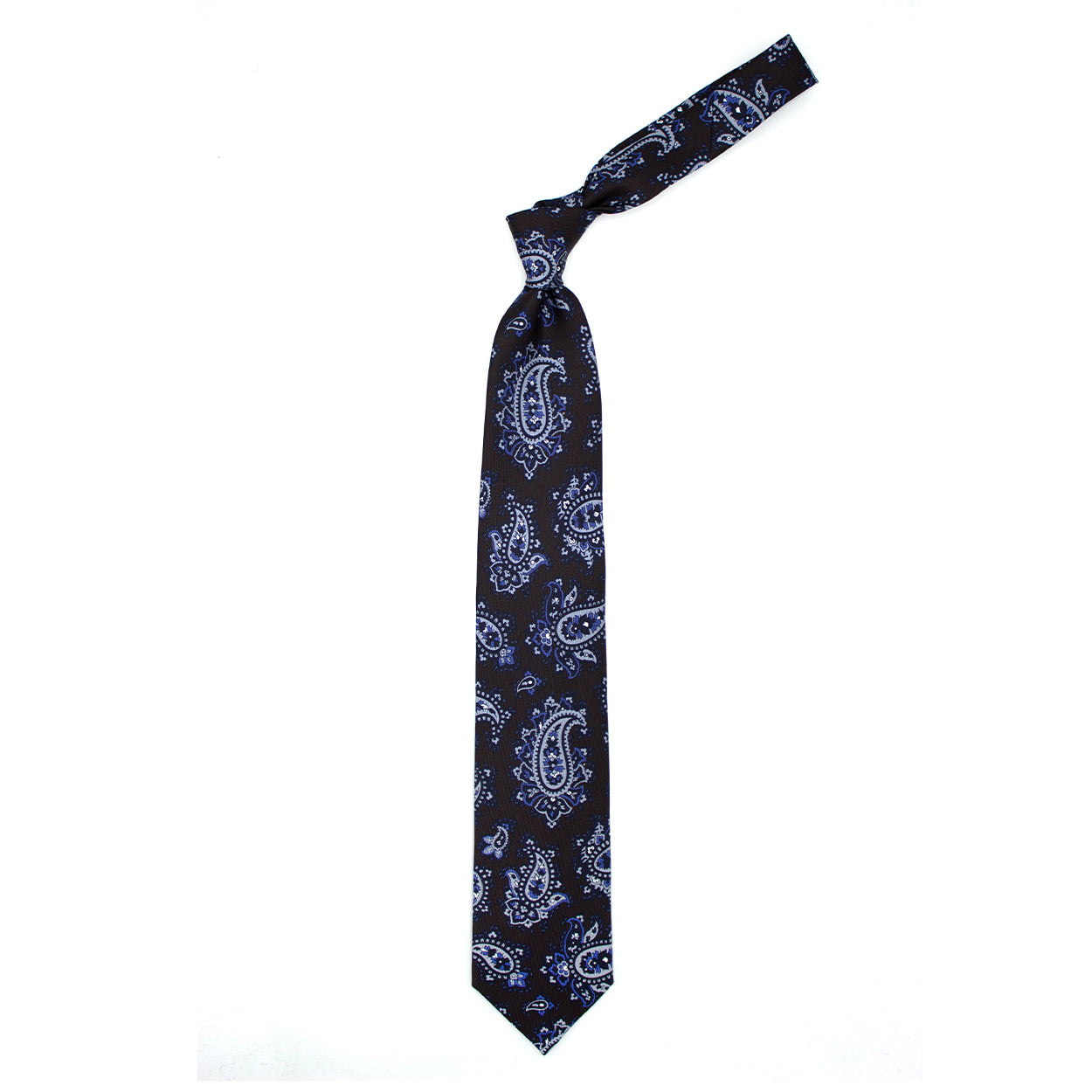 Cravatta marrone con paisley grigi, azzurri e neri
