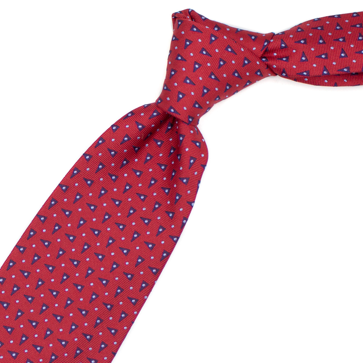 Cravatta rossa con triangoli blu e puntini azzurri