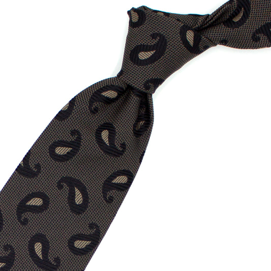 Cravatta marrone con paisley neri e beige