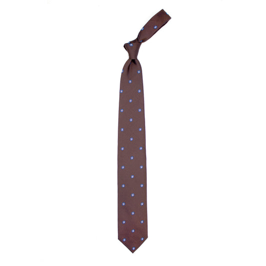 Brown tie with blue and white design