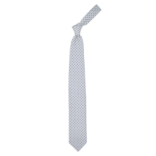 White tie with white and grey flowers and blue dots