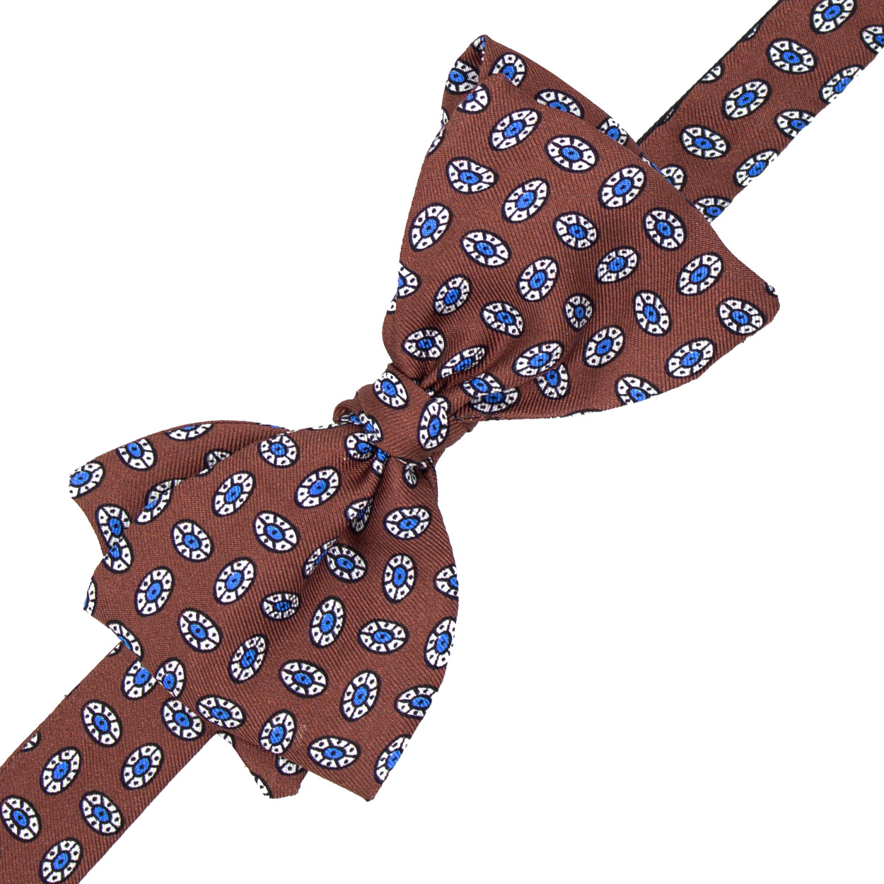 Papillon marrone con pattern bianco, azzurro e puntini neri